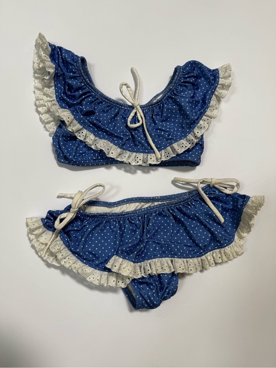 Well Dressed Wolf Other - Wildling 4T Polka Dot Bikini Set Blue & White Eyelet Ruffle & Tie 2 pcs WDW Girl